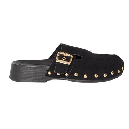 Natural Black - Back - Faith Womens-Ladies Malaysia Studded Buckle Detail Mules