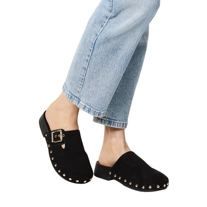 Natural Black - Side - Faith Womens-Ladies Malaysia Studded Buckle Detail Mules