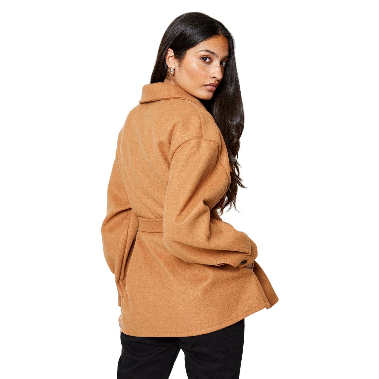 Camel - Back - Dorothy Perkins Womens-Ladies Wool Look Waist Tie Shirt Jacket