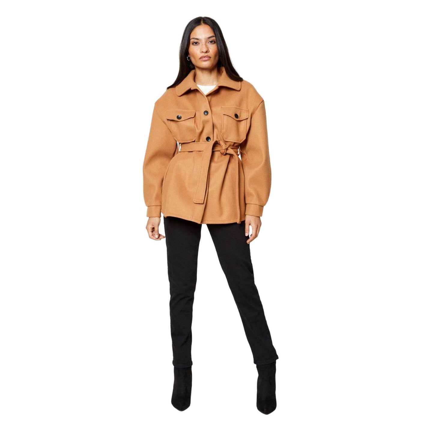 Camel - Side - Dorothy Perkins Womens-Ladies Wool Look Waist Tie Shirt Jacket