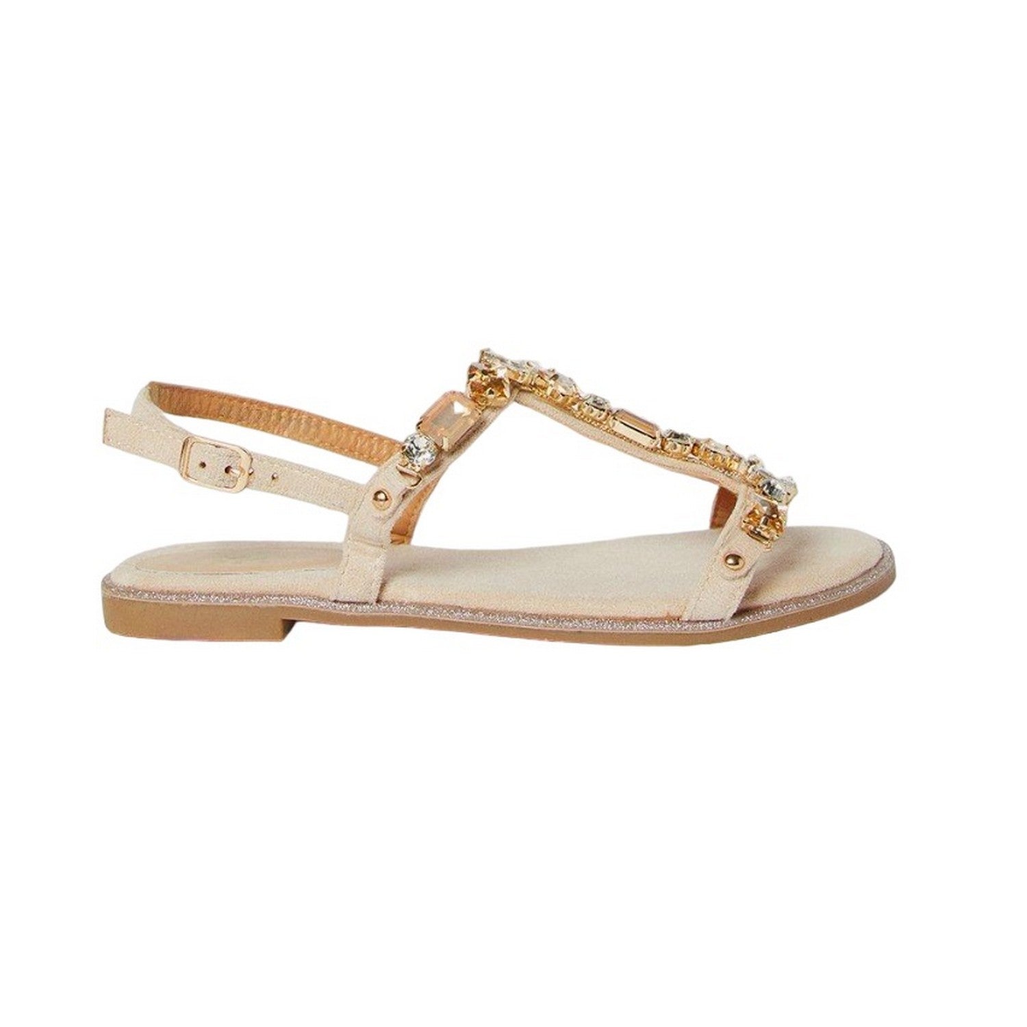 Beige - Back - Dorothy Perkins Womens-Ladies Filly Jewelled T-Bar Flat Sandals