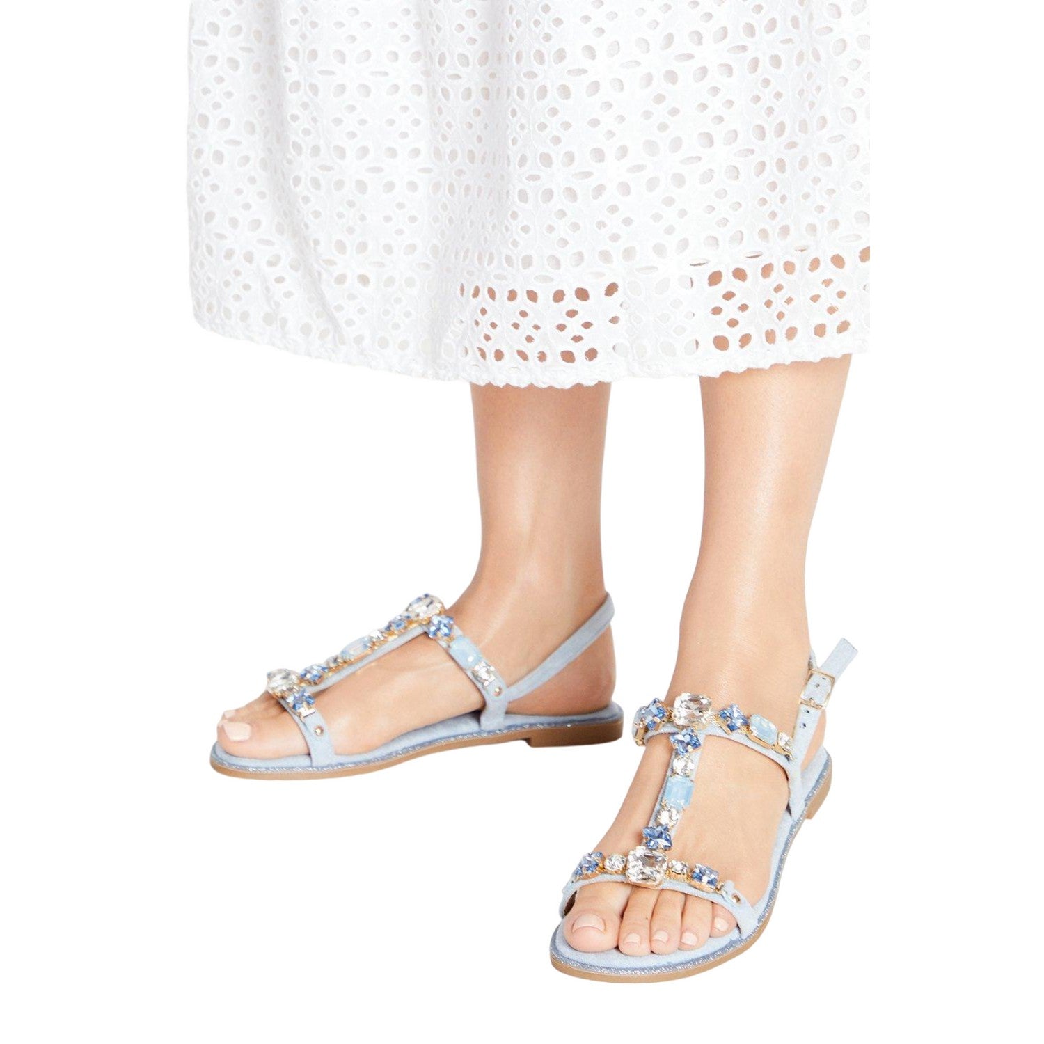 Blue - Side - Dorothy Perkins Womens-Ladies Filly Jewelled T-Bar Flat Sandals
