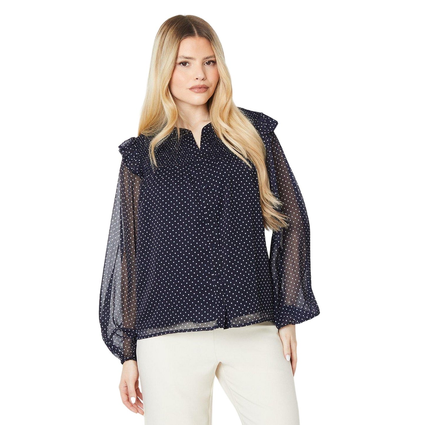 Navy - Front - Dorothy Perkins Womens-Ladies Spotted Shirred Yoke Blouse