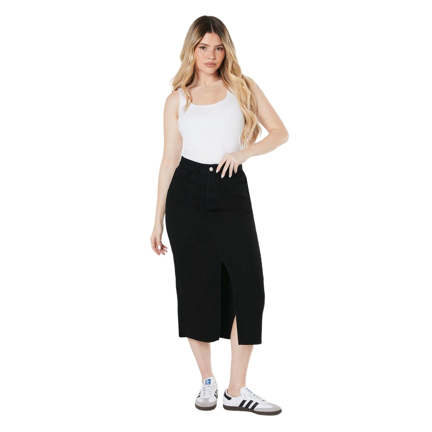 Black - Side - Dorothy Perkins Womens-Ladies Denim Midi Skirt
