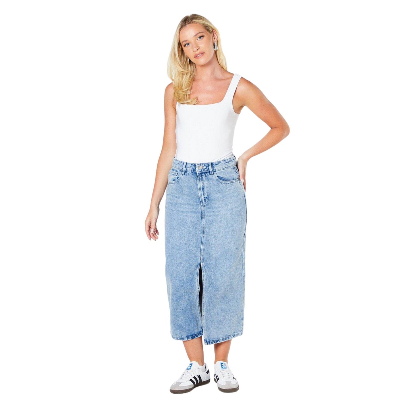 Light Wash - Side - Dorothy Perkins Womens-Ladies Denim Midi Skirt