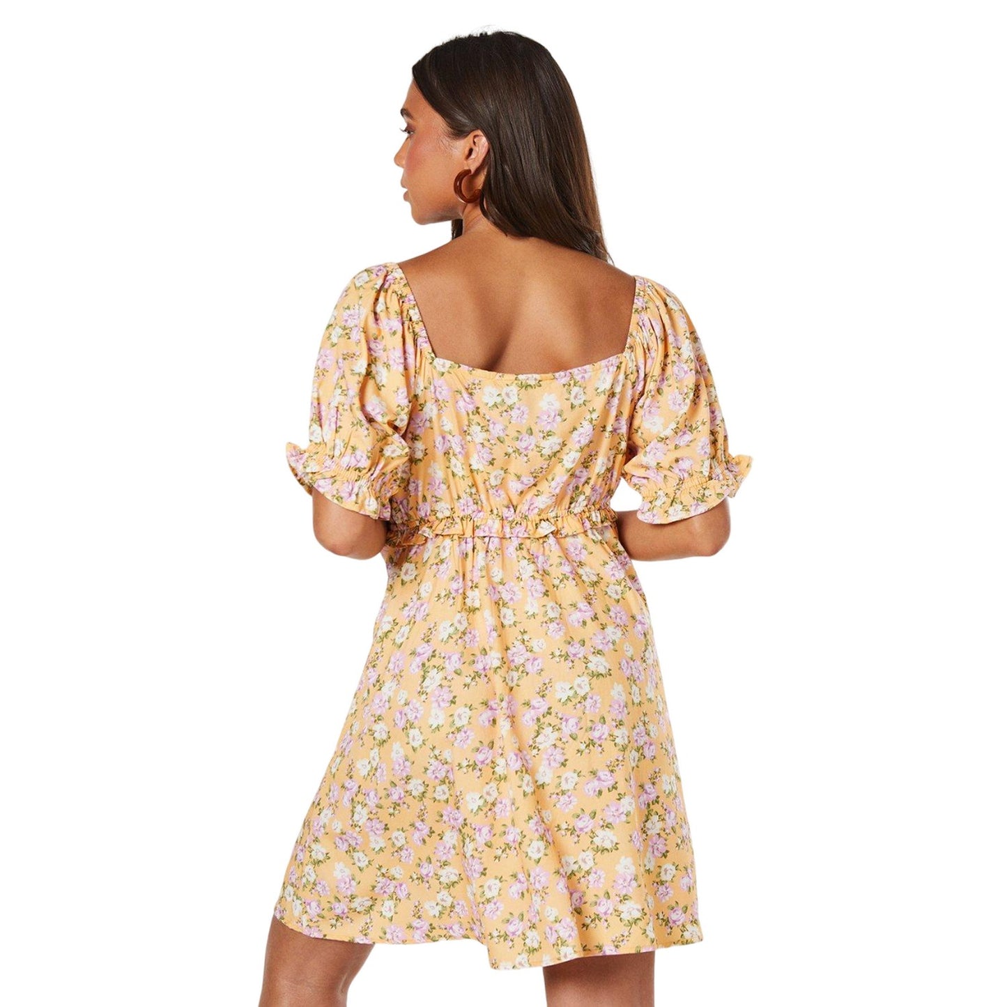 Yellow - Back - Dorothy Perkins Womens-Ladies Ditsy Print Petite Puff Sleeve Mini Dress