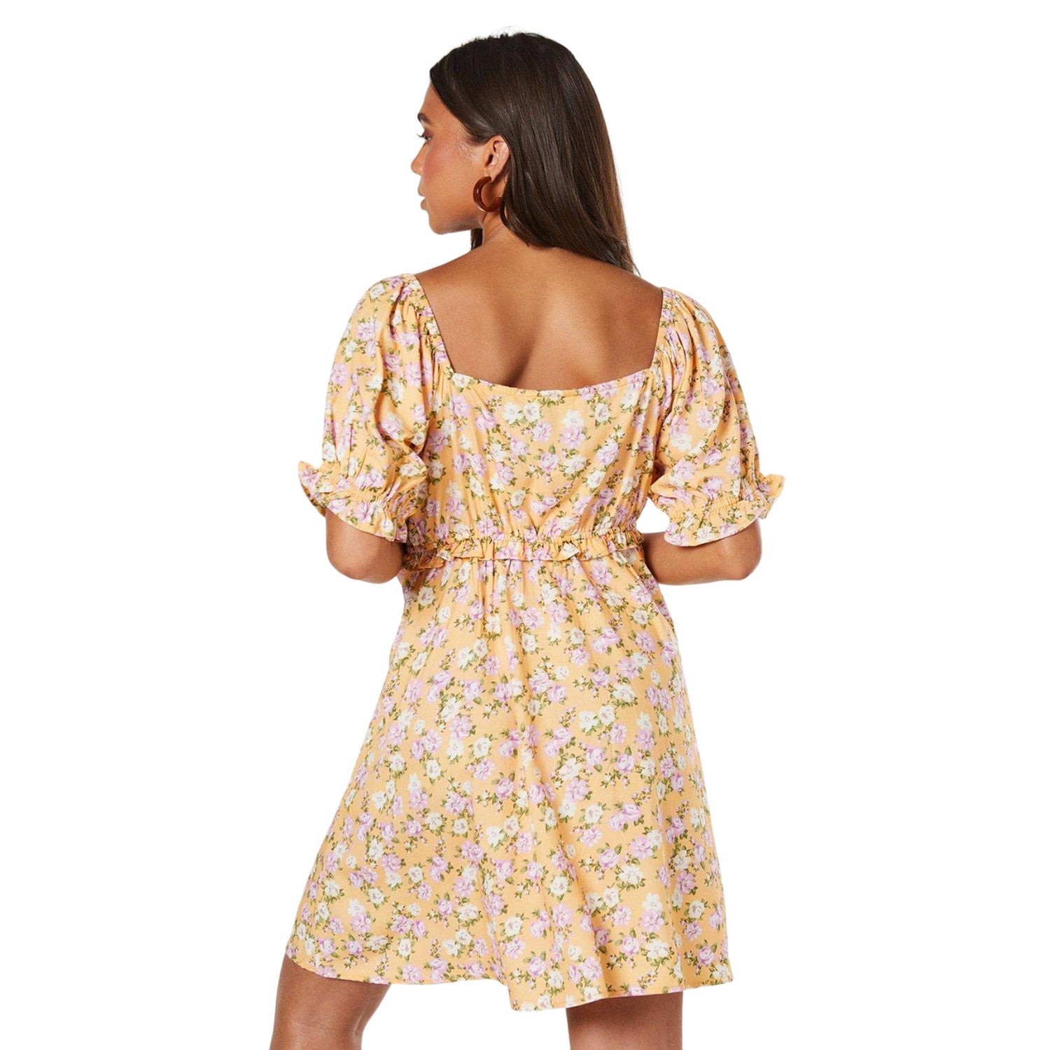 Yellow - Back - Dorothy Perkins Womens-Ladies Ditsy Print Petite Puff Sleeve Mini Dress