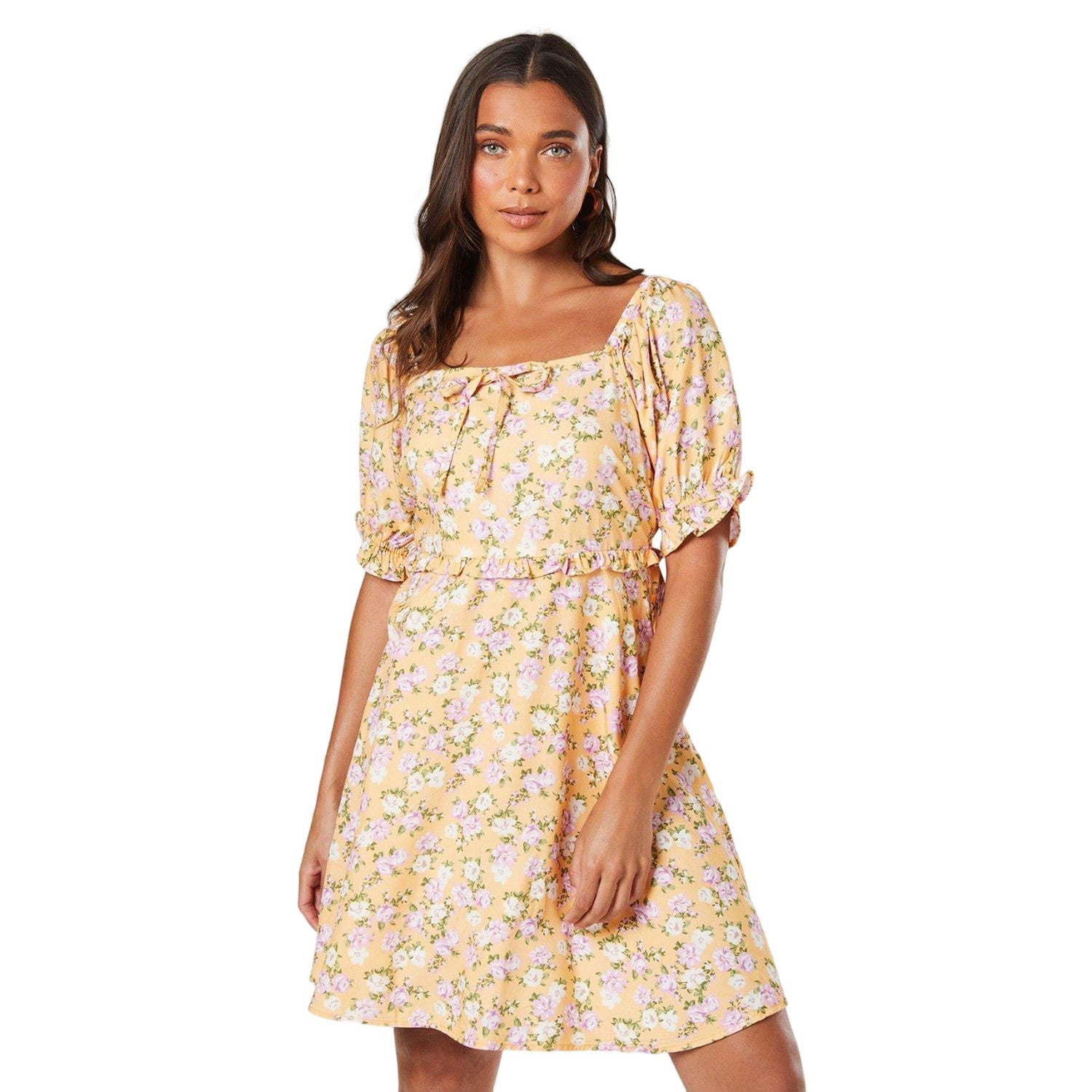 Yellow - Front - Dorothy Perkins Womens-Ladies Ditsy Print Petite Puff Sleeve Mini Dress