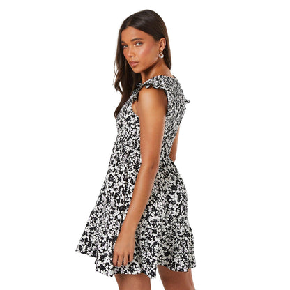 Monochrome - Back - Dorothy Perkins Womens-Ladies Ditsy Print Shirred Bodice Petite Mini Dress