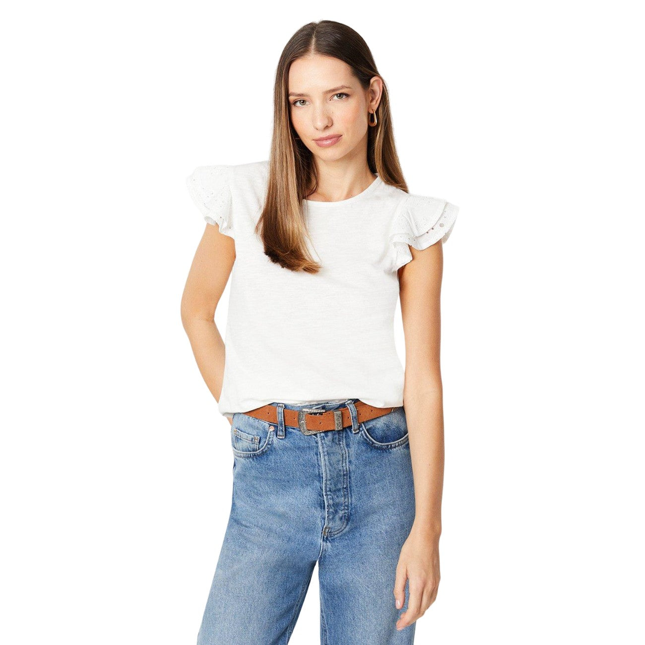 Ecru - Front - Dorothy Perkins Womens-Ladies Broderie Double Frill Angel Sleeve Top