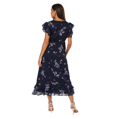 Navy - Back - Dorothy Perkins Womens-Ladies Floral Chiffon Ruffles Petite Midi Dress