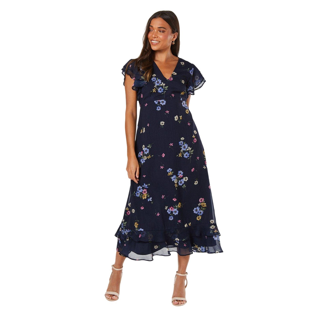 Navy - Front - Dorothy Perkins Womens-Ladies Floral Chiffon Ruffles Petite Midi Dress