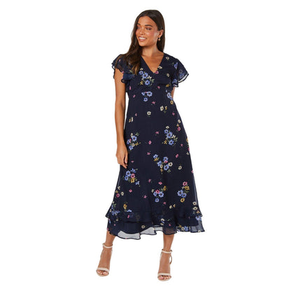Navy - Front - Dorothy Perkins Womens-Ladies Floral Chiffon Ruffles Petite Midi Dress