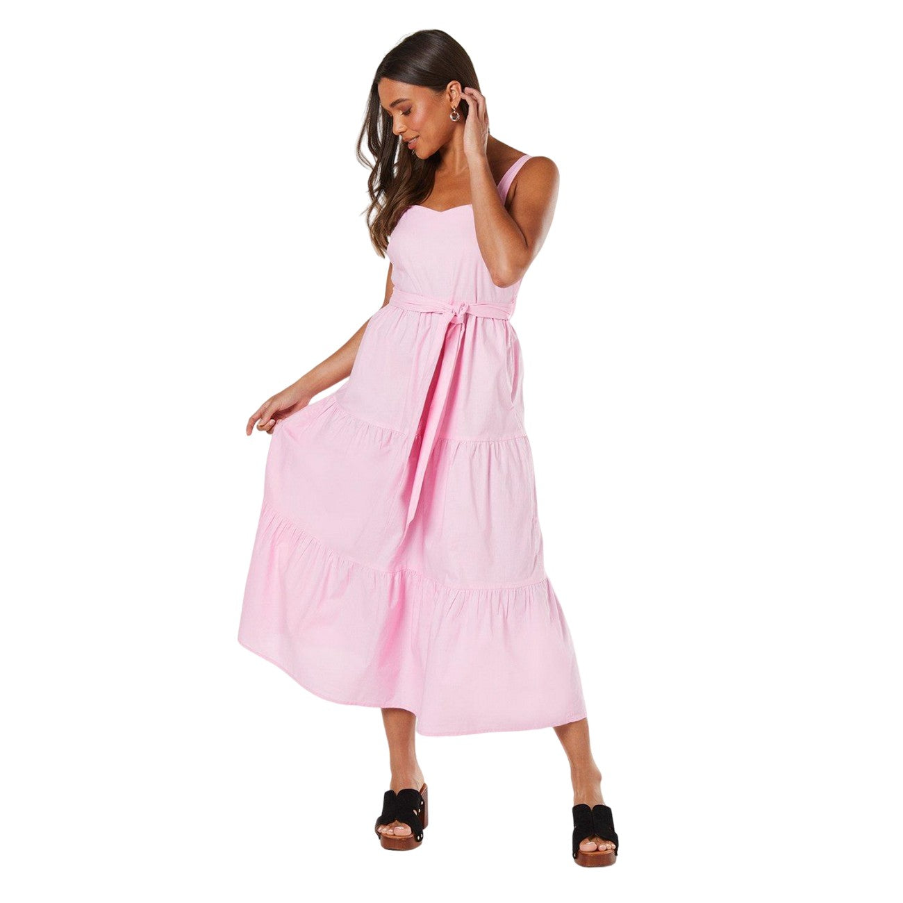 Pink - Front - Dorothy Perkins Womens-Ladies Poplin Waist Tie Petite Midi Dress