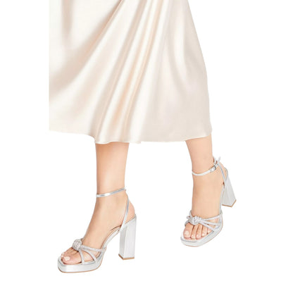 Silver - Side - Faith Womens-Ladies Celine Diamante Knot Detail High Block Heel Sandals