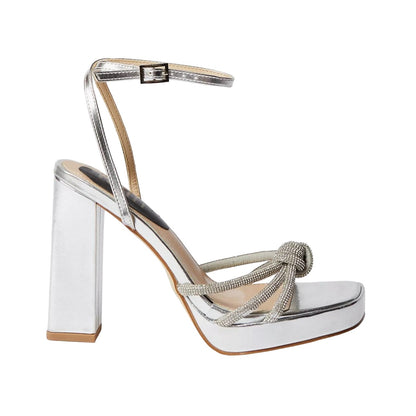 Silver - Front - Faith Womens-Ladies Celine Diamante Knot Detail High Block Heel Sandals