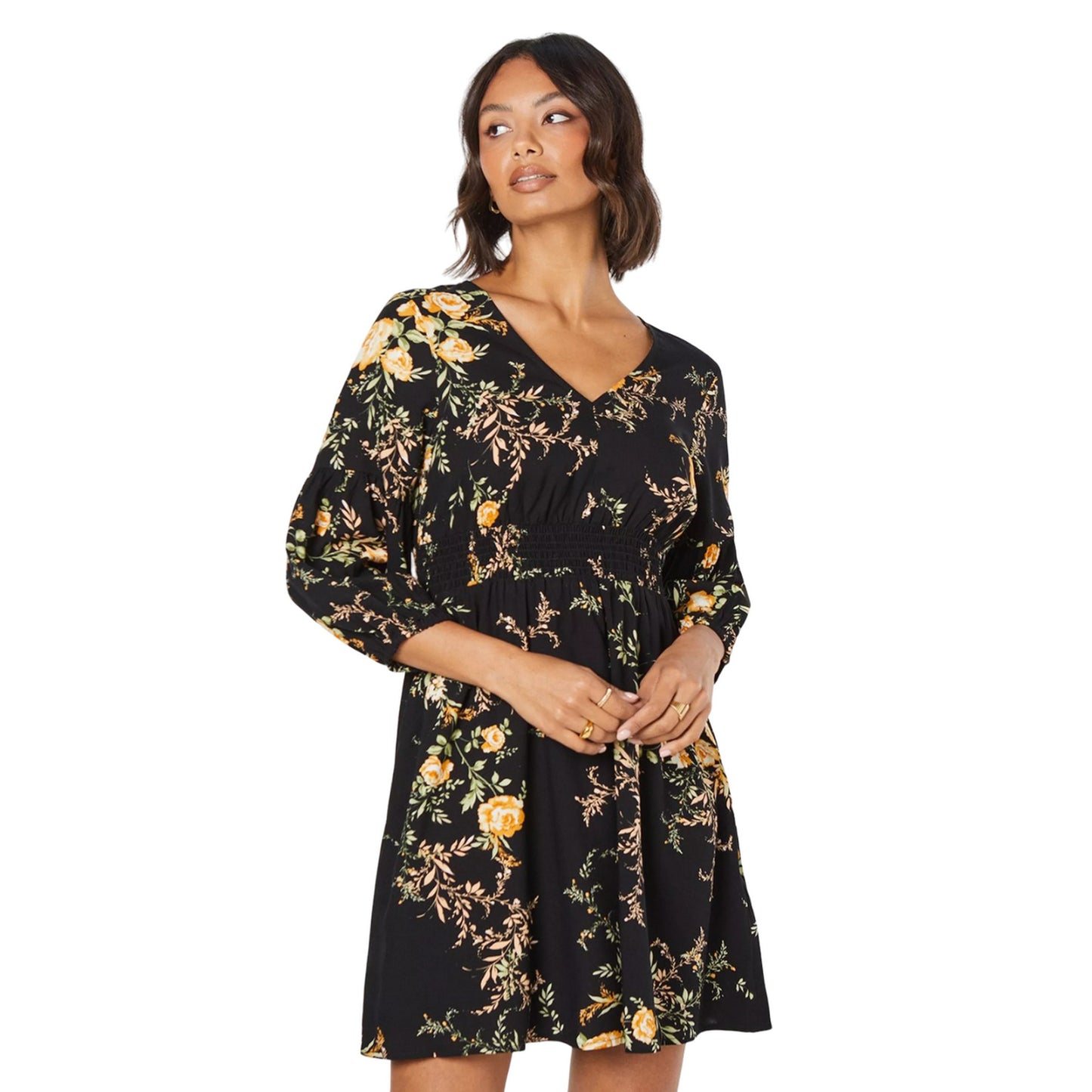 Black - Front - Dorothy Perkins Womens-Ladies Floral V Neck Mini Dress