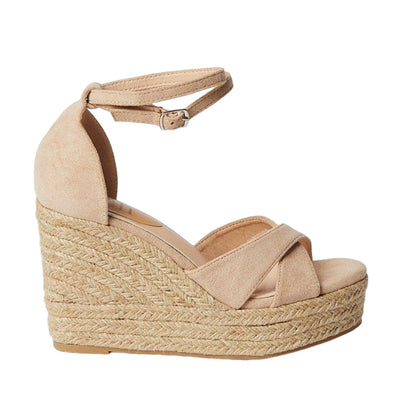 Beige - Back - Faith Womens-Ladies Heaven Crossover Strap High Wedge Espadrilles
