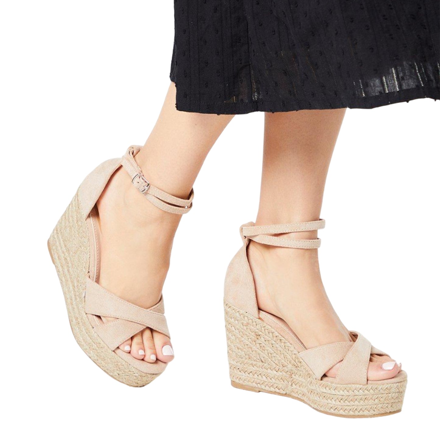 Beige - Side - Faith Womens-Ladies Heaven Crossover Strap High Wedge Espadrilles