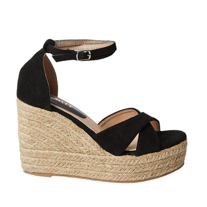 Natural Black - Back - Faith Womens-Ladies Heaven Crossover Strap High Wedge Espadrilles