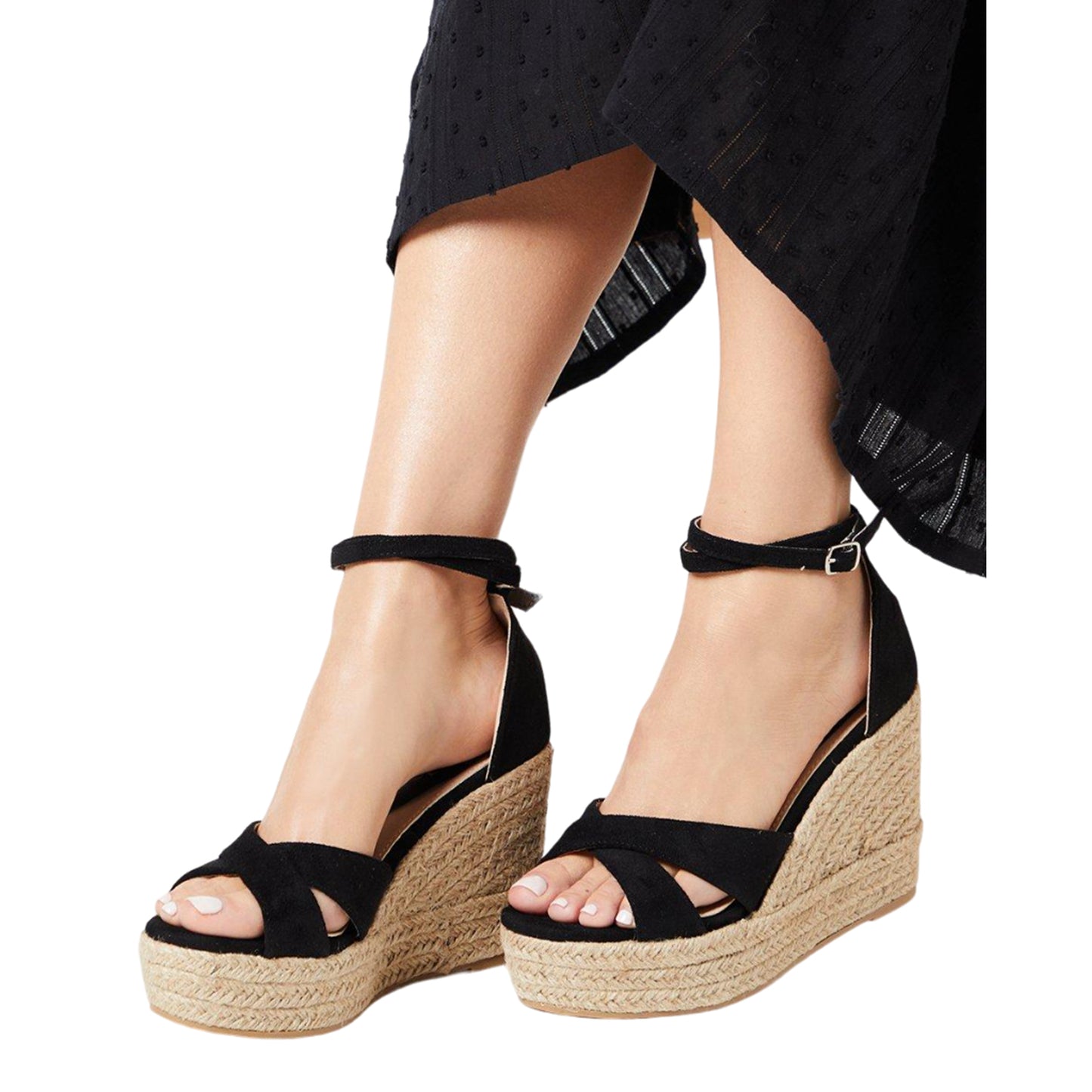 Natural Black - Side - Faith Womens-Ladies Heaven Crossover Strap High Wedge Espadrilles