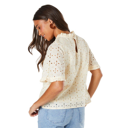 Ivory - Back - Dorothy Perkins Womens-Ladies Broderie Petite Short-Sleeved Victoriana Top