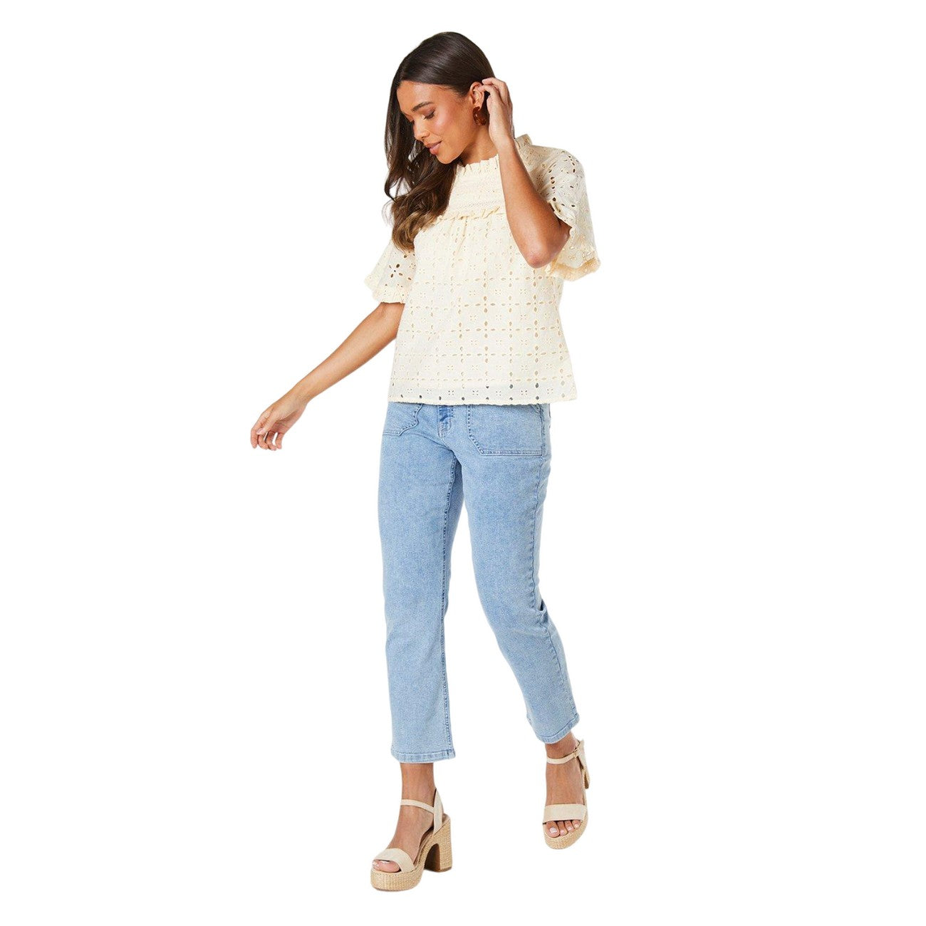 Ivory - Side - Dorothy Perkins Womens-Ladies Broderie Petite Short-Sleeved Victoriana Top
