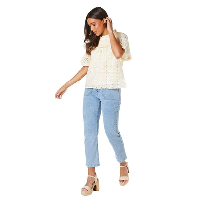Ivory - Side - Dorothy Perkins Womens-Ladies Broderie Petite Short-Sleeved Victoriana Top