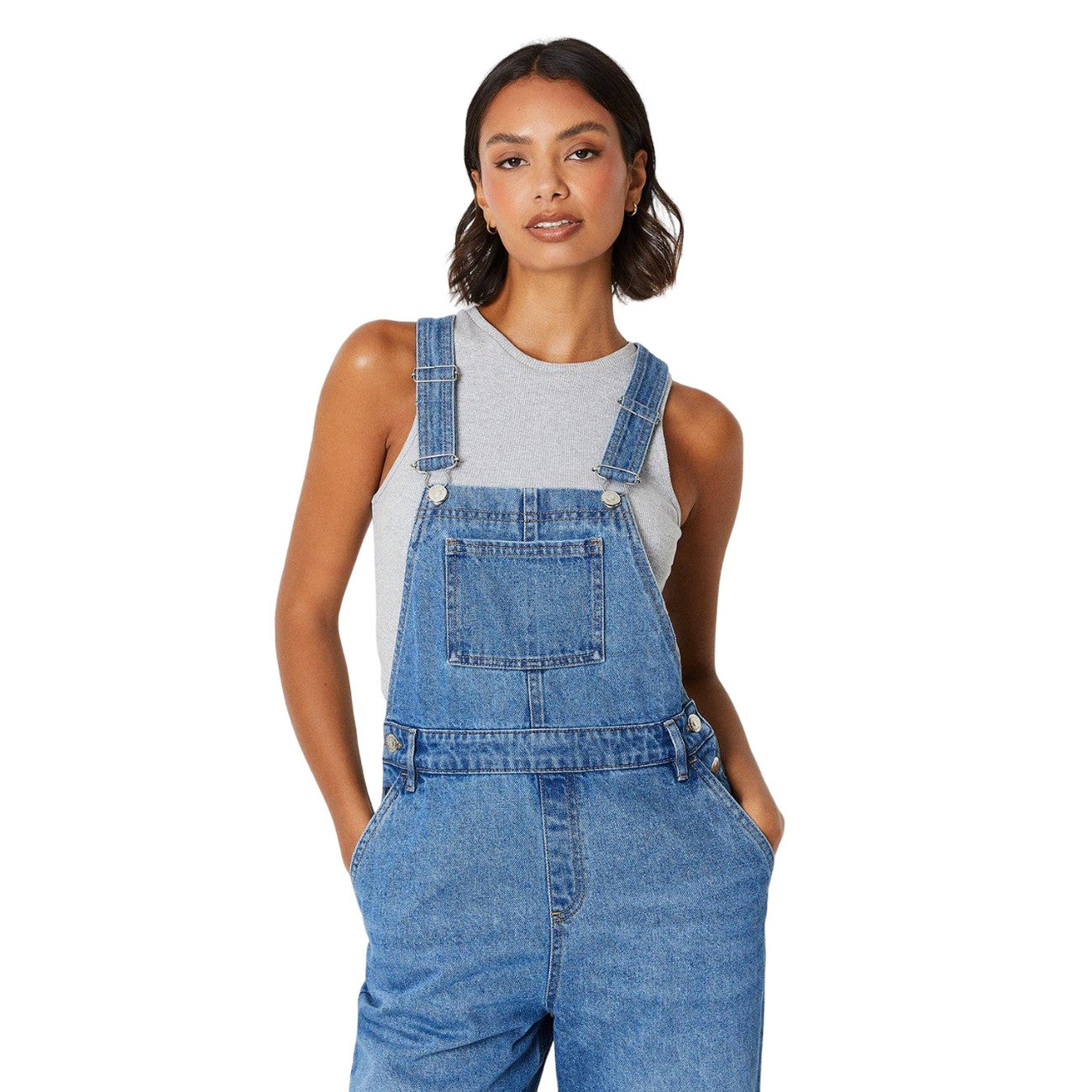 Mid Wash - Side - Dorothy Perkins Womens-Ladies Denim Relaxed Fit Dungarees