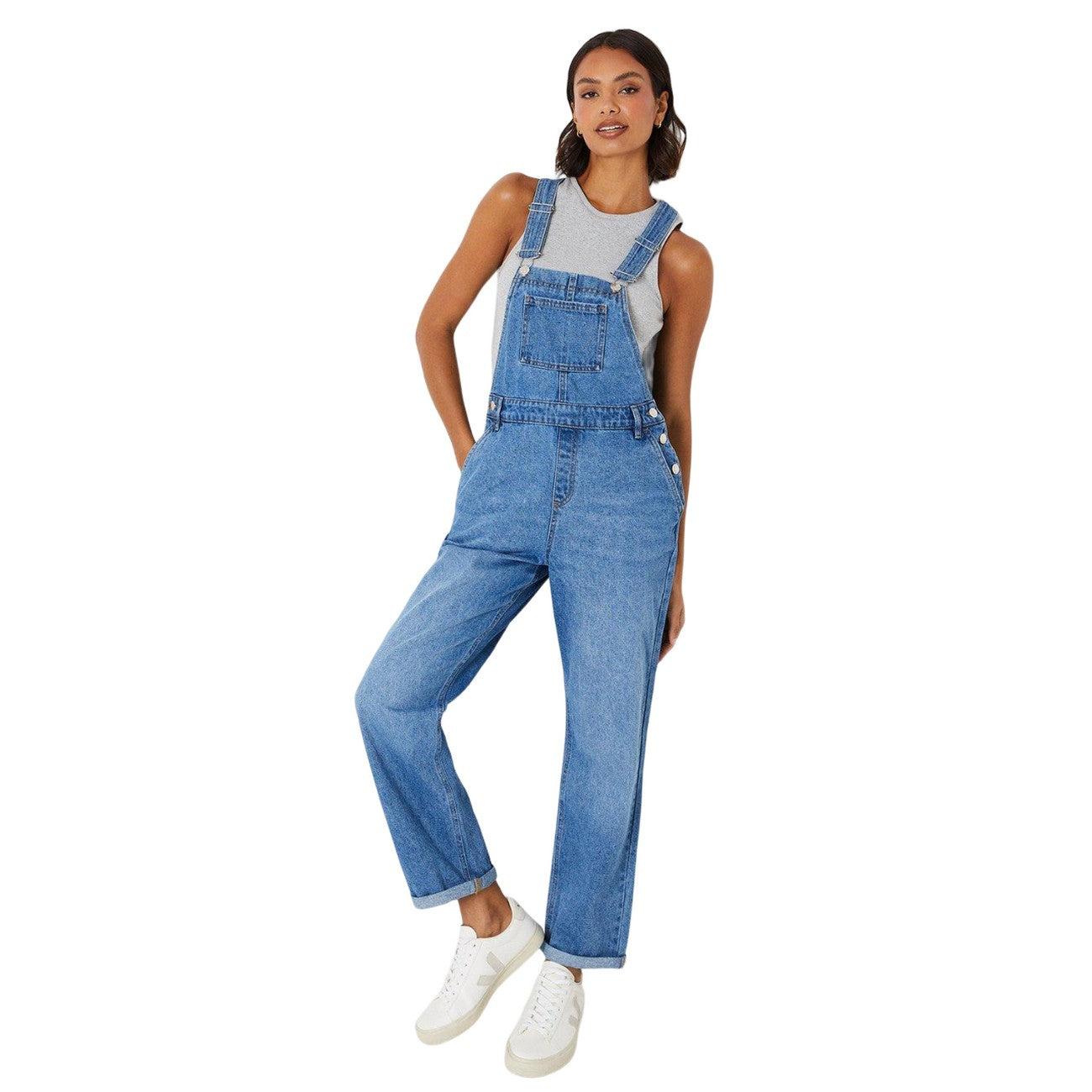 Mid Wash - Front - Dorothy Perkins Womens-Ladies Denim Relaxed Fit Dungarees