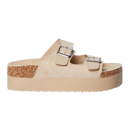 Beige - Back - Faith Womens-Ladies Hannahs Double Buckle Wedge Sandals