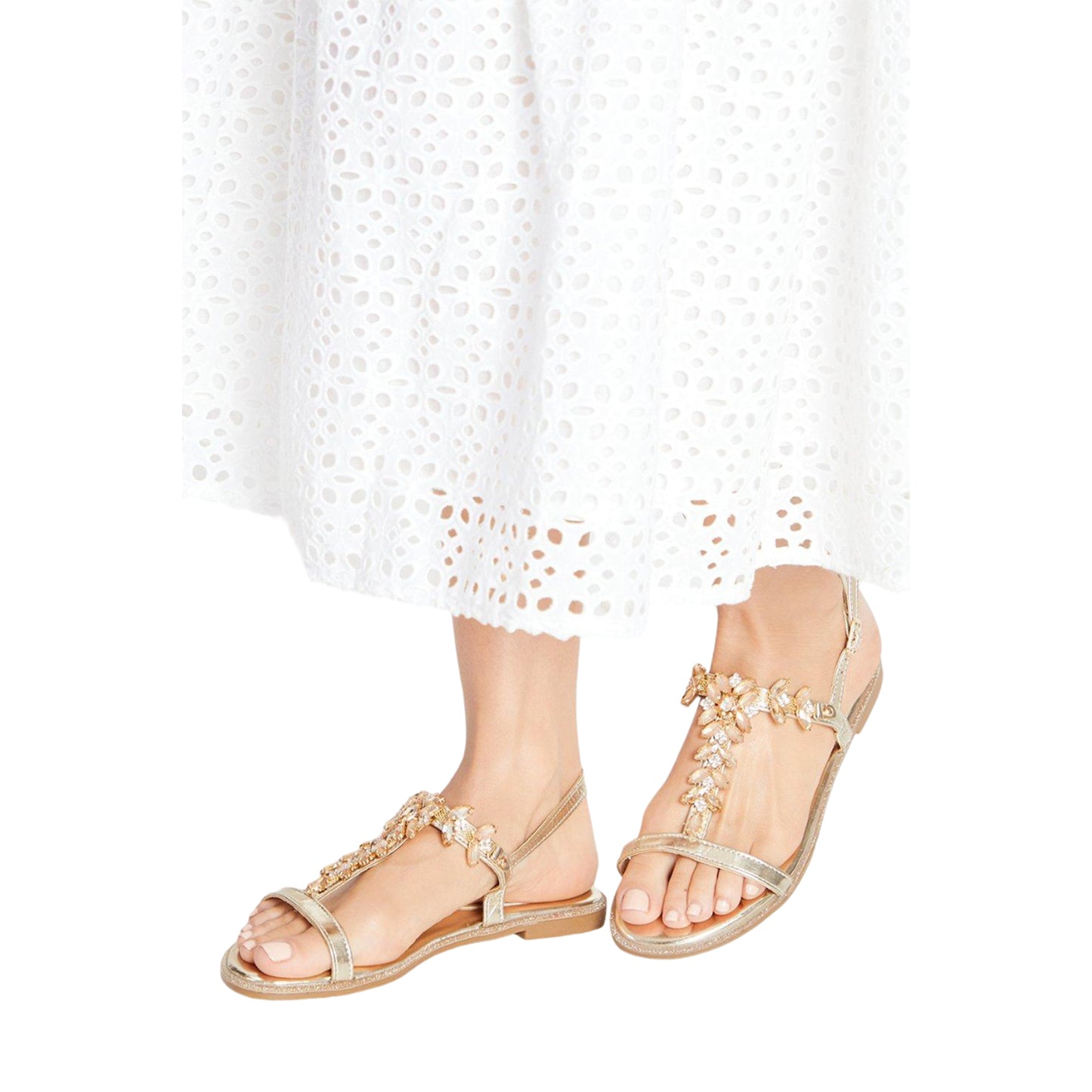 Gold - Side - Dorothy Perkins Womens-Ladies Fuji Jewelled T-Bar Flat Sandals