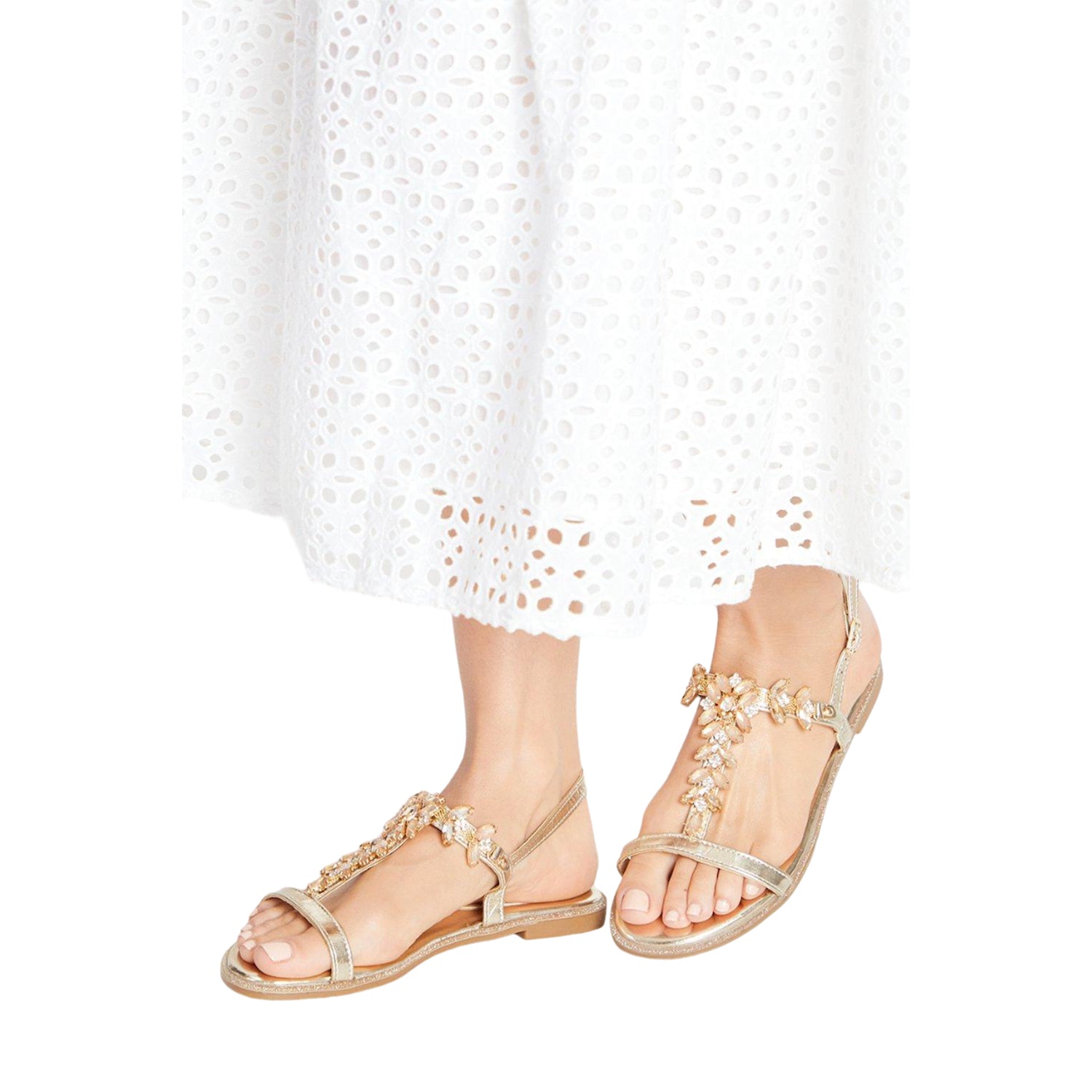 Gold - Side - Dorothy Perkins Womens-Ladies Fuji Jewelled T-Bar Flat Sandals