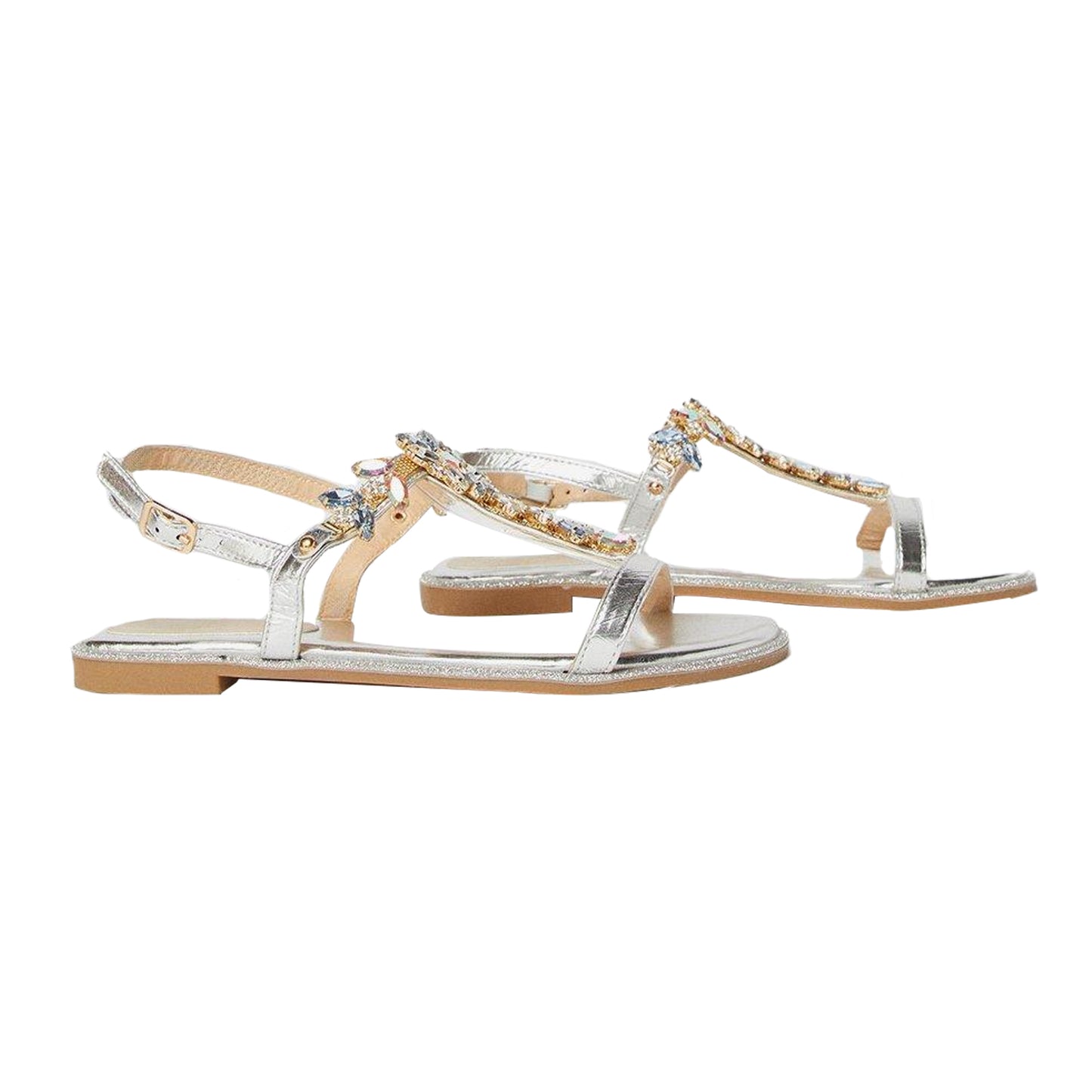 Silver - Front - Dorothy Perkins Womens-Ladies Fuji Jewelled T-Bar Flat Sandals