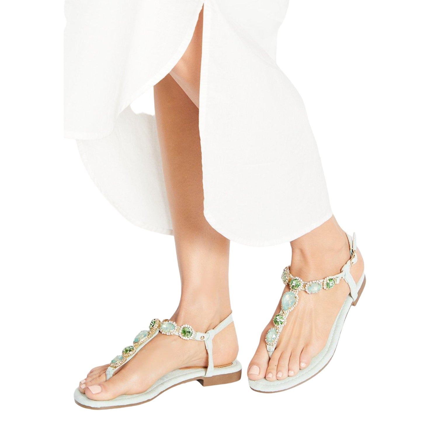 Green - Side - Faith Womens-Ladies Hopes Jewelled Flat Sandals