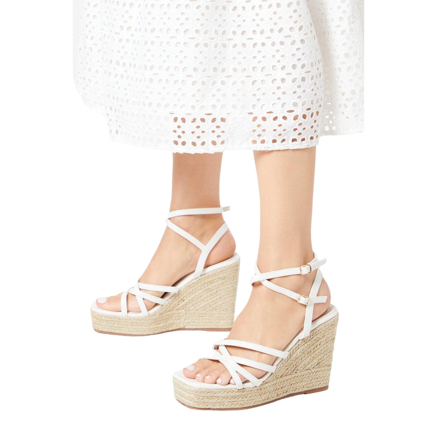 White - Front - Faith Womens-Ladies Strappy High Wedge Espadrilles