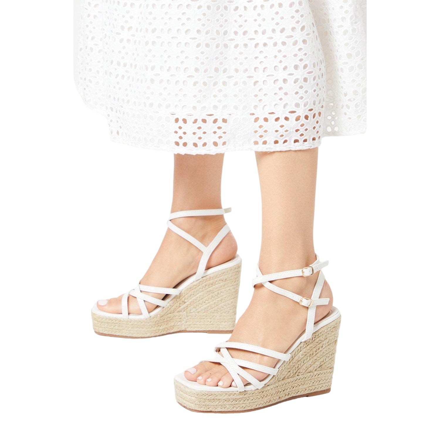 White - Front - Faith Womens-Ladies Strappy High Wedge Espadrilles