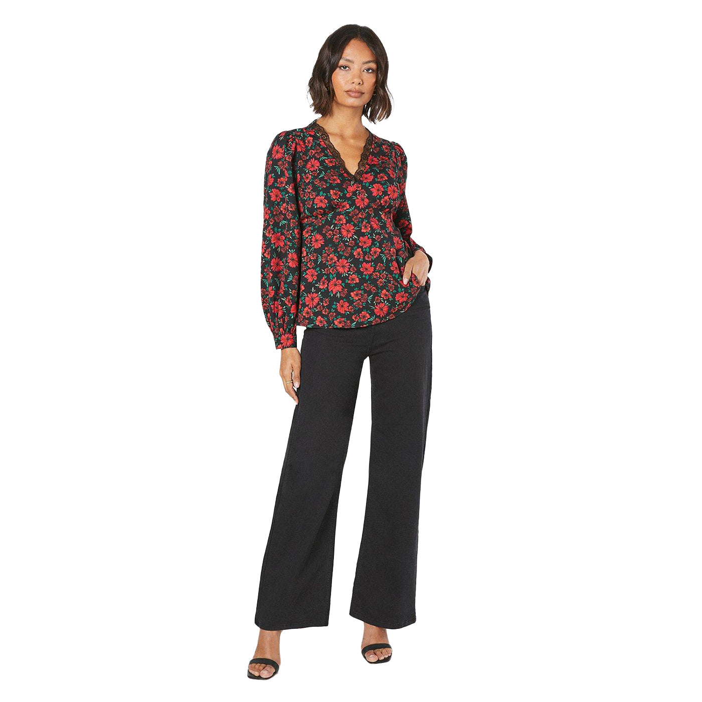 Black-Red-Green - Lifestyle - Dorothy Perkins Womens-Ladies Floral Lace V Neck Blouse