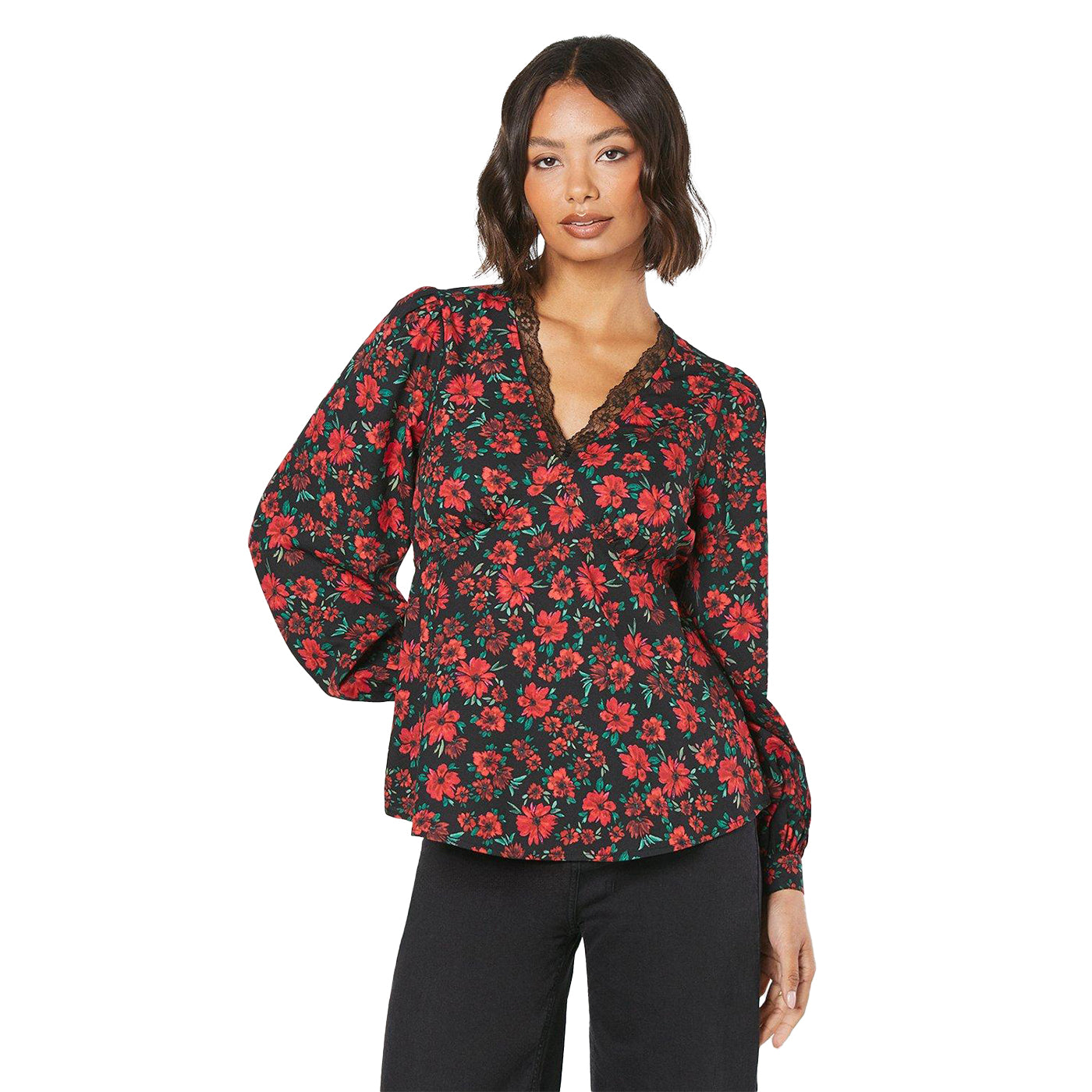 Black-Red-Green - Front - Dorothy Perkins Womens-Ladies Floral Lace V Neck Blouse