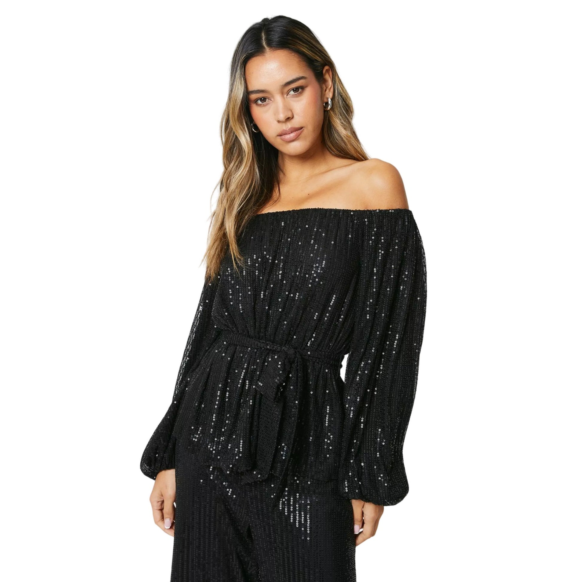 Black - Front - Dorothy Perkins Womens-Ladies Sequin Bardot Long-Sleeved Blouse