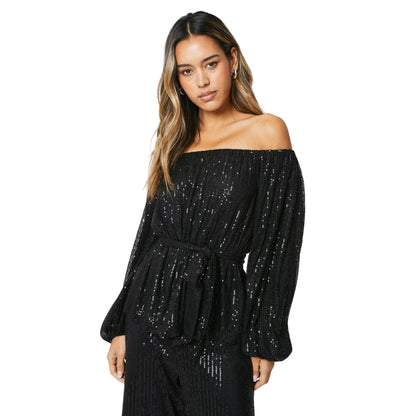 Black - Front - Dorothy Perkins Womens-Ladies Sequin Bardot Long-Sleeved Blouse