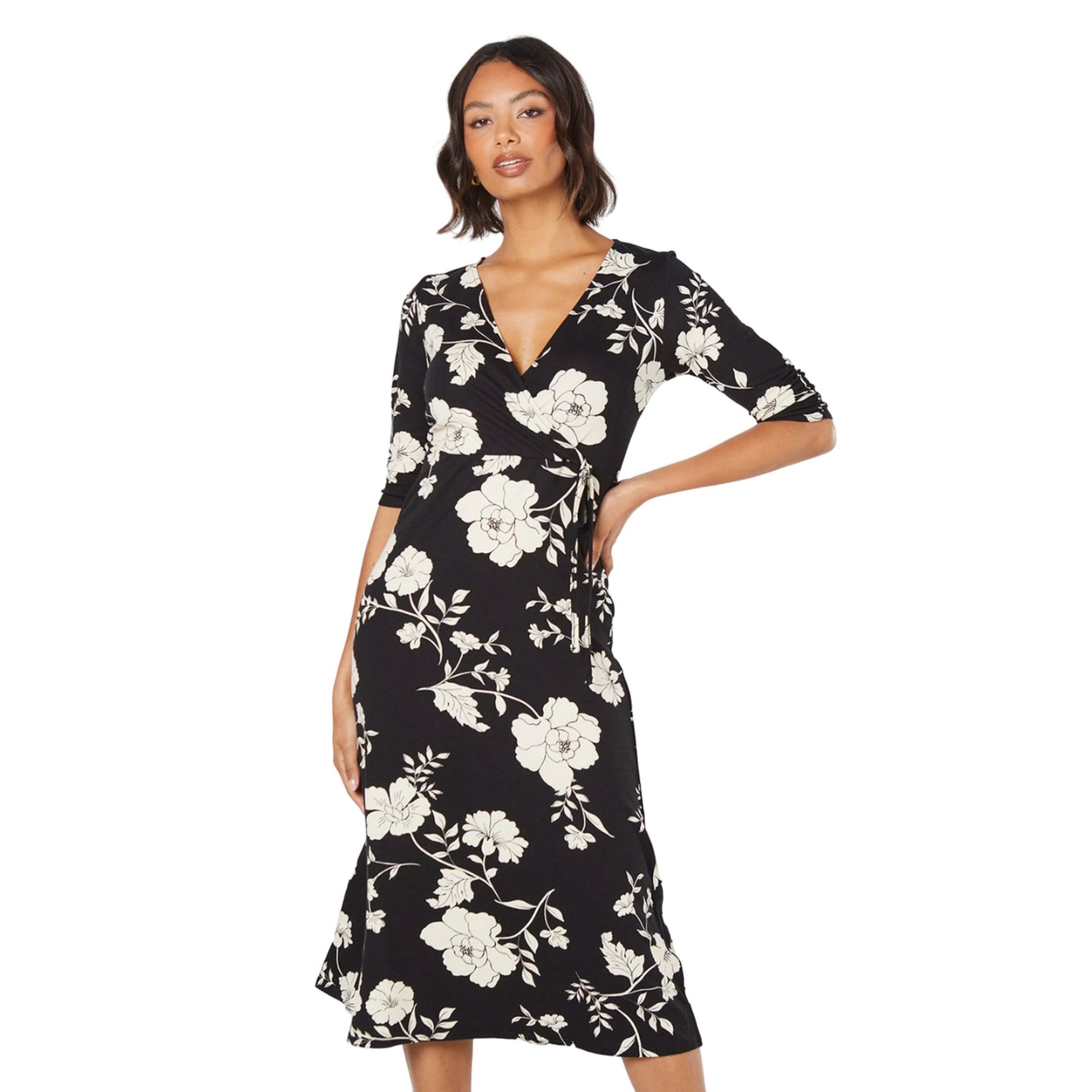 Black - Side - Dorothy Perkins Womens-Ladies Floral Wrap Midi Dress