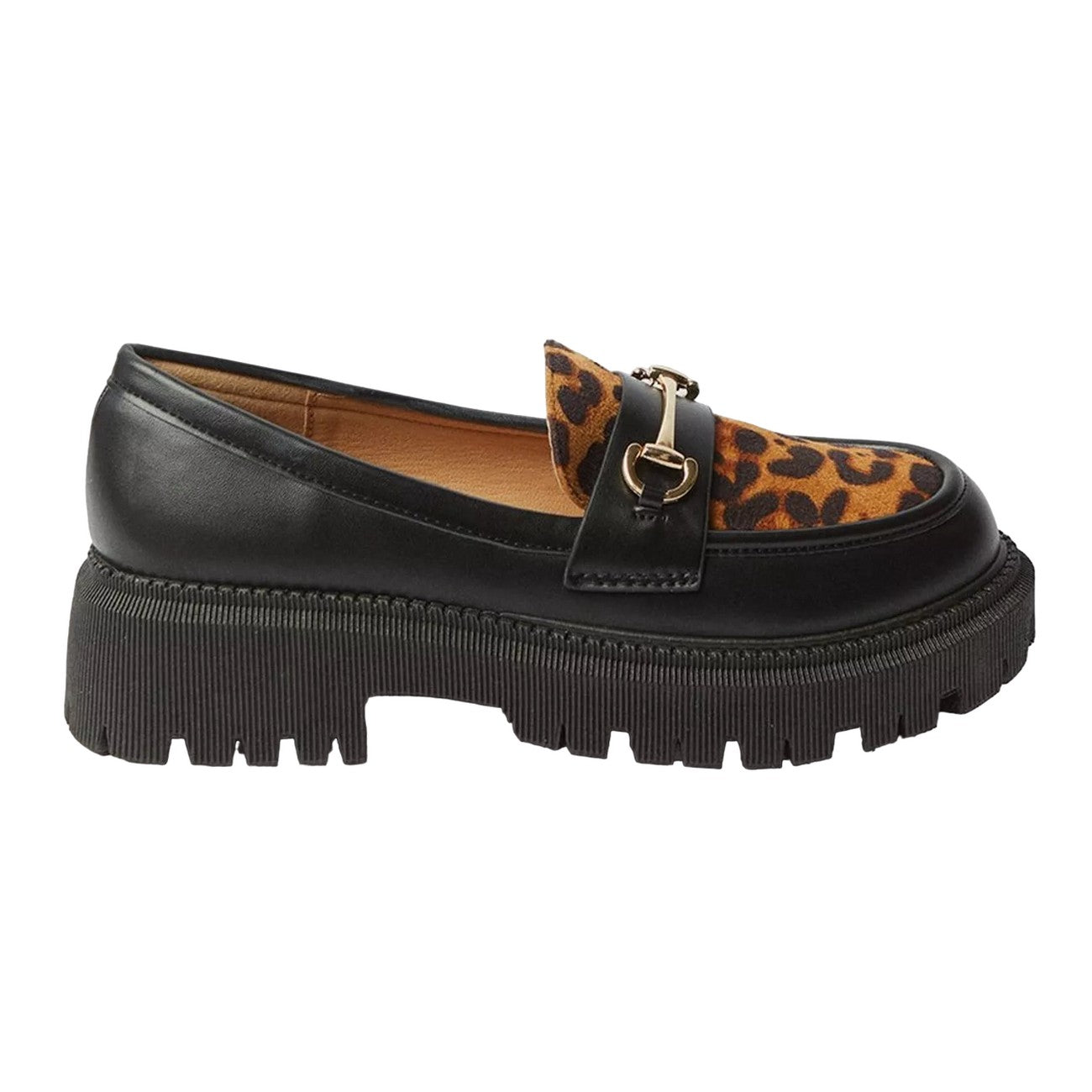 Brown-Black - Back - Faith Womens-Ladies Nola Leopard Snaffle Chunky Heel Loafers