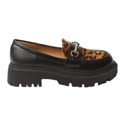 Brown-Black - Back - Faith Womens-Ladies Nola Leopard Snaffle Chunky Heel Loafers