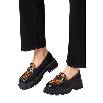 Brown-Black - Side - Faith Womens-Ladies Nola Leopard Snaffle Chunky Heel Loafers