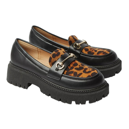 Brown-Black - Front - Faith Womens-Ladies Nola Leopard Snaffle Chunky Heel Loafers