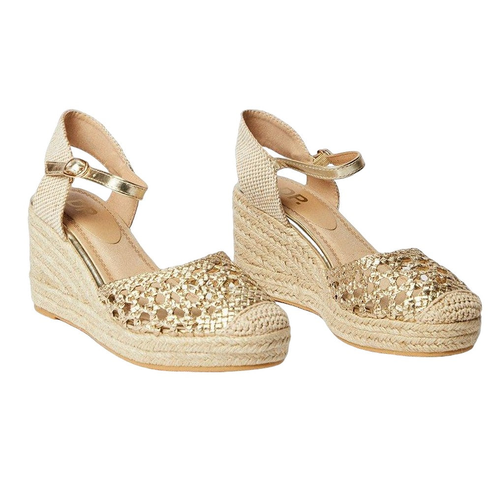 Gold - Front - Dorothy Perkins Womens-Ladies Raegan Woven Closed Toe Wedge Sandals