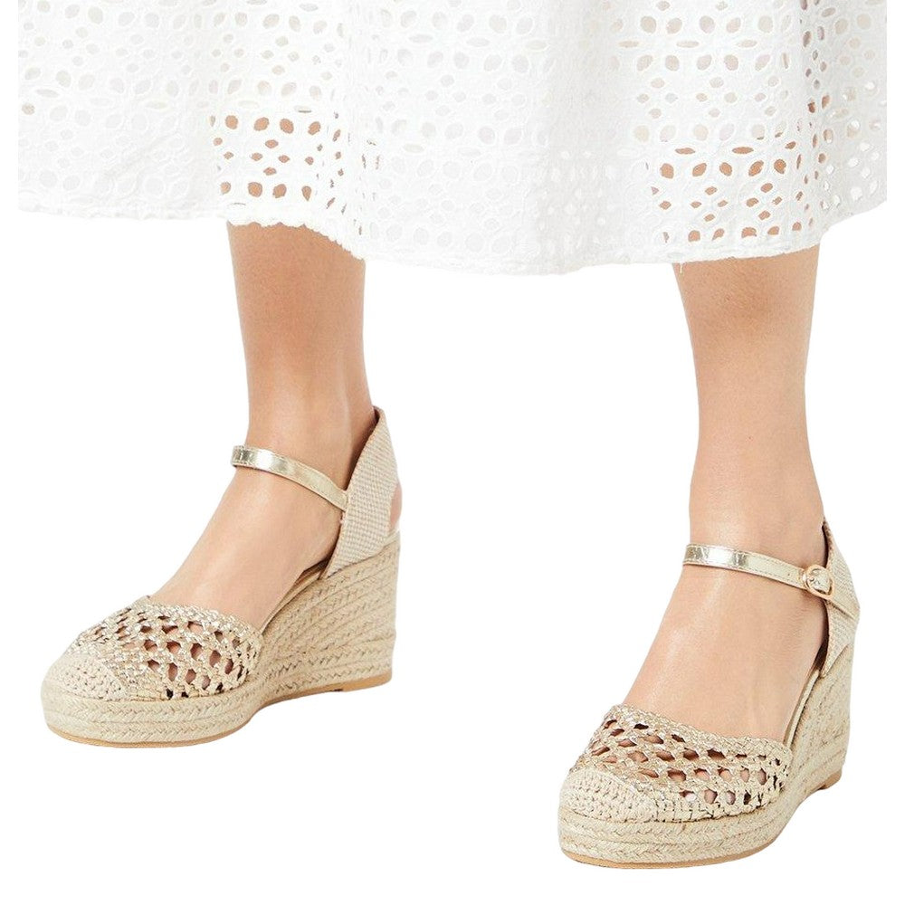 Gold - Side - Dorothy Perkins Womens-Ladies Raegan Woven Closed Toe Wedge Sandals