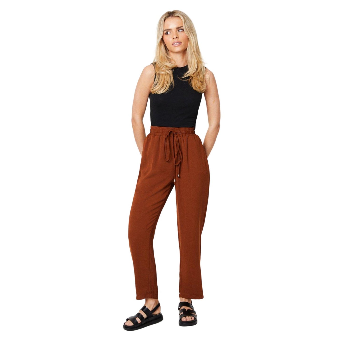 Chocolate - Side - Dorothy Perkins Womens-Ladies Textured Petite Slim Jogging Bottoms