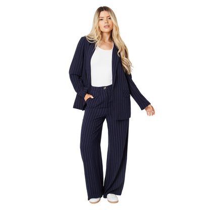 Navy - Side - Dorothy Perkins Womens-Ladies Linen-Look Striped Trousers